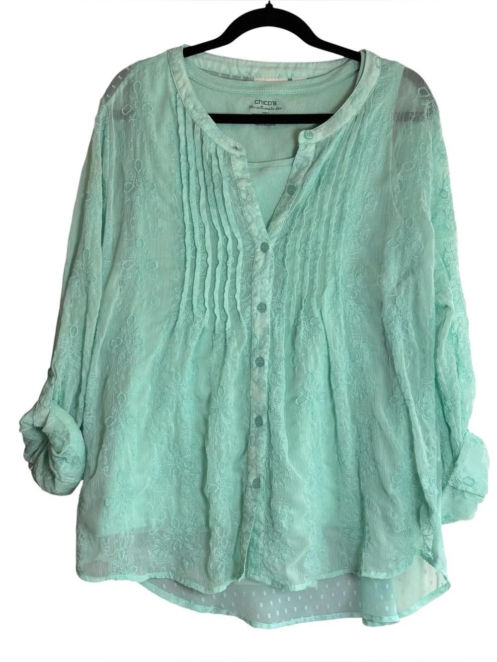 Chico’s Size XL Green Embroidered Sheer Blouse & Tank 2 Piece Set